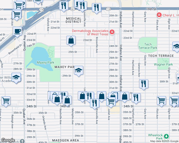 map of restaurants, bars, coffee shops, grocery stores, and more near 3611 28th Street in Lubbock
