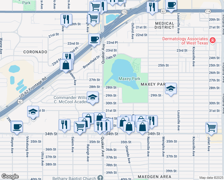 map of restaurants, bars, coffee shops, grocery stores, and more near 4345 28th Street in Lubbock