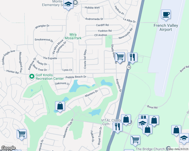 map of restaurants, bars, coffee shops, grocery stores, and more near 29680 Pebble Beach Drive in Murrieta