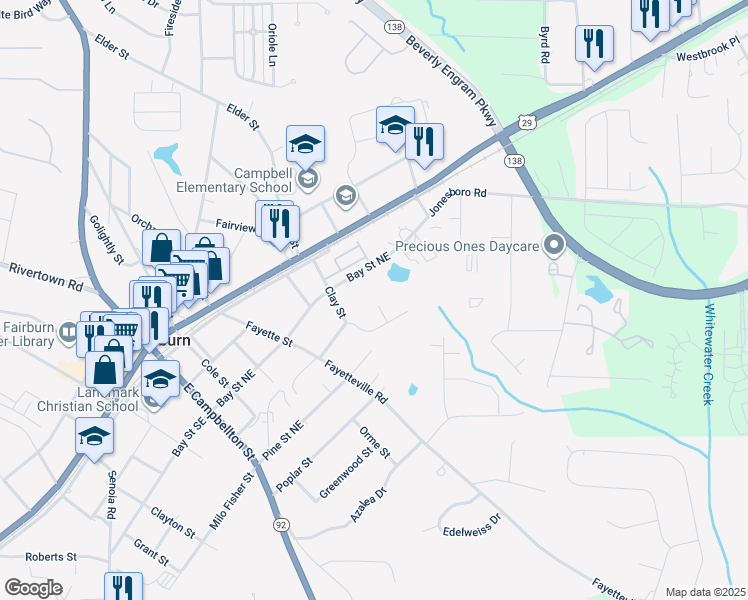 map of restaurants, bars, coffee shops, grocery stores, and more near 106 Spring Court in Fairburn