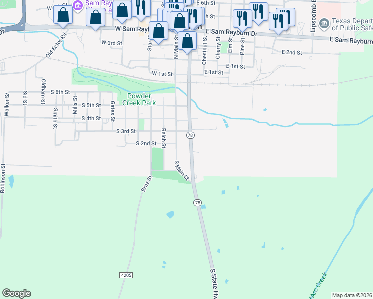 map of restaurants, bars, coffee shops, grocery stores, and more near 123 South Center Street in Bonham