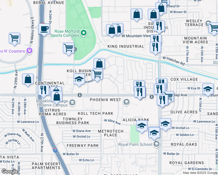 map of restaurants, bars, coffee shops, grocery stores, and more near 2222 West Dunlap Avenue in Phoenix