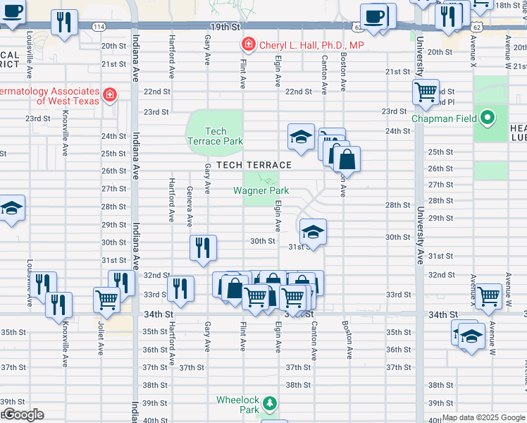 map of restaurants, bars, coffee shops, grocery stores, and more near 3009 28th St in Lubbock