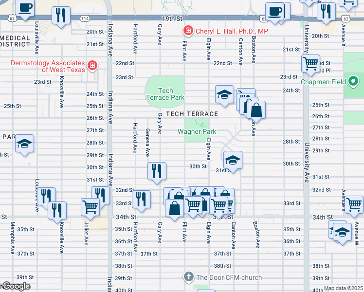 map of restaurants, bars, coffee shops, grocery stores, and more near 3101 28th Street in Lubbock