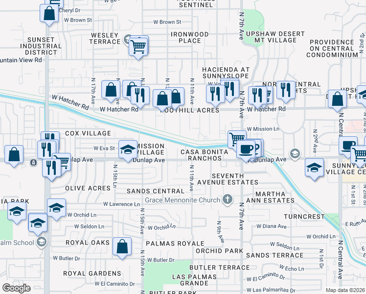 map of restaurants, bars, coffee shops, grocery stores, and more near 1102 West Mission Lane in Phoenix