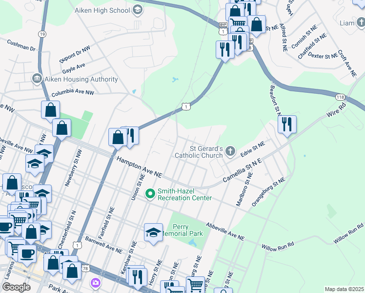 map of restaurants, bars, coffee shops, grocery stores, and more near 631 Saluda Drive Northeast in Aiken
