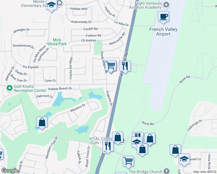 map of restaurants, bars, coffee shops, grocery stores, and more near 38044 Augusta Drive in Murrieta
