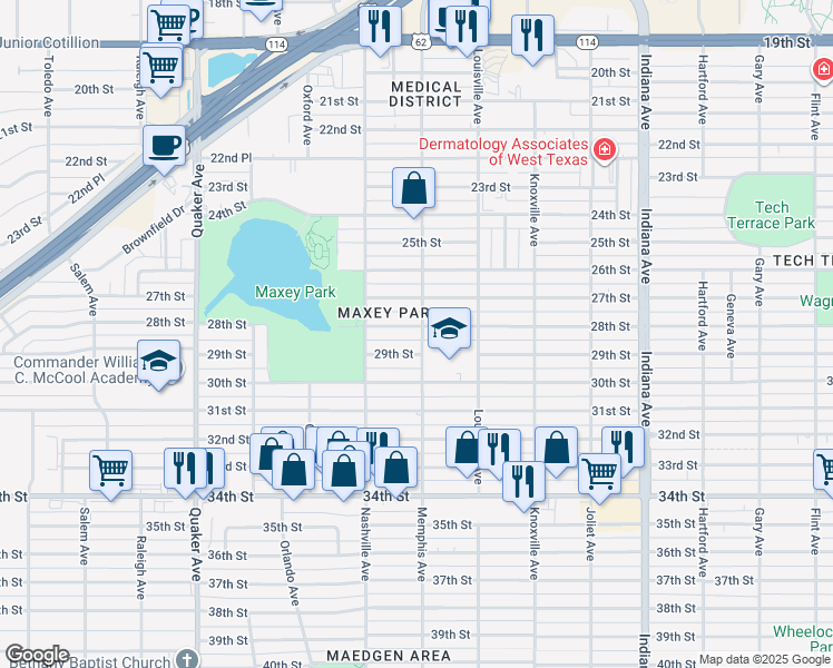 map of restaurants, bars, coffee shops, grocery stores, and more near 3801 28th Street in Lubbock