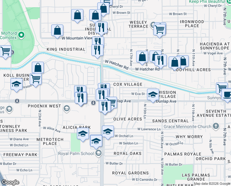 map of restaurants, bars, coffee shops, grocery stores, and more near 9021 North 18th Drive in Phoenix