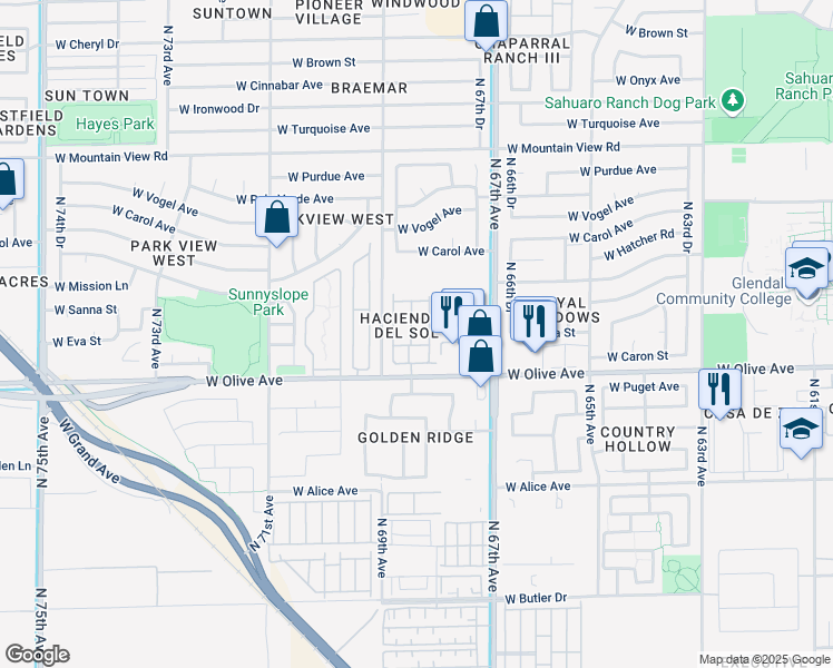 map of restaurants, bars, coffee shops, grocery stores, and more near 9115 North 68th Drive in Peoria