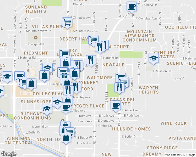 map of restaurants, bars, coffee shops, grocery stores, and more near 9021 North 10th Street in Phoenix
