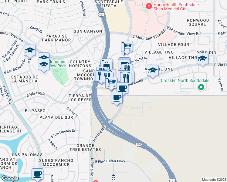 map of restaurants, bars, coffee shops, grocery stores, and more near 8969 East Vía Linda in Scottsdale