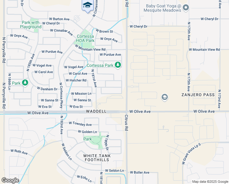 map of restaurants, bars, coffee shops, grocery stores, and more near 17950 West Mission Lane in Waddell
