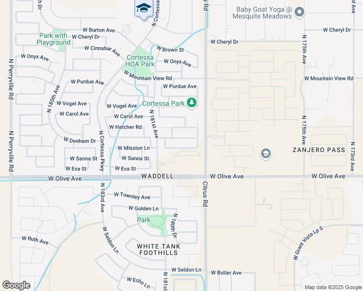 map of restaurants, bars, coffee shops, grocery stores, and more near 17950 West Mission Lane in Waddell