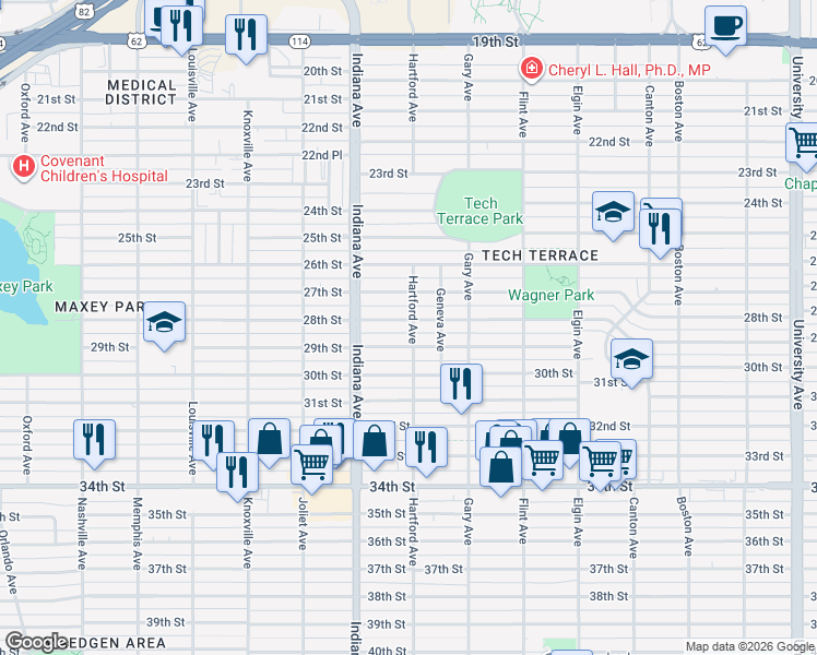 map of restaurants, bars, coffee shops, grocery stores, and more near 3303 28th Street in Lubbock