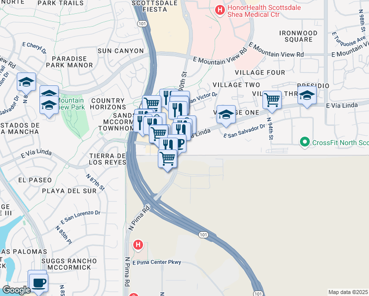 map of restaurants, bars, coffee shops, grocery stores, and more near 9015 East Vía Linda in Scottsdale