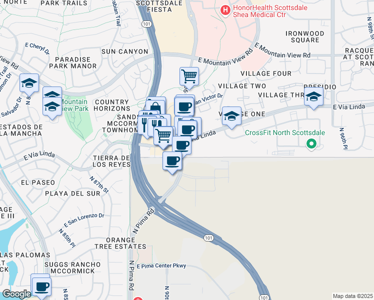 map of restaurants, bars, coffee shops, grocery stores, and more near 9015 East Vía Linda in Scottsdale