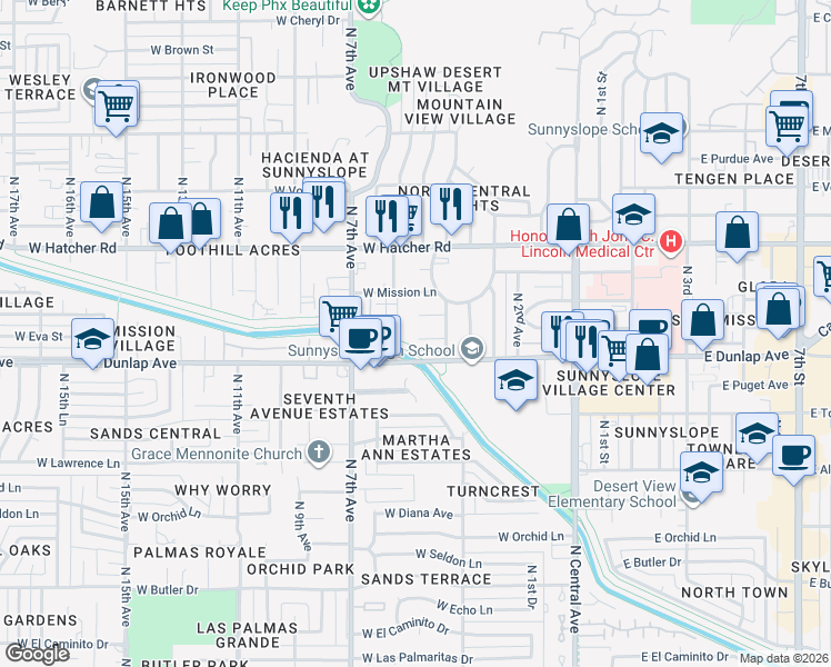 map of restaurants, bars, coffee shops, grocery stores, and more near 422 West Caron Street in Phoenix