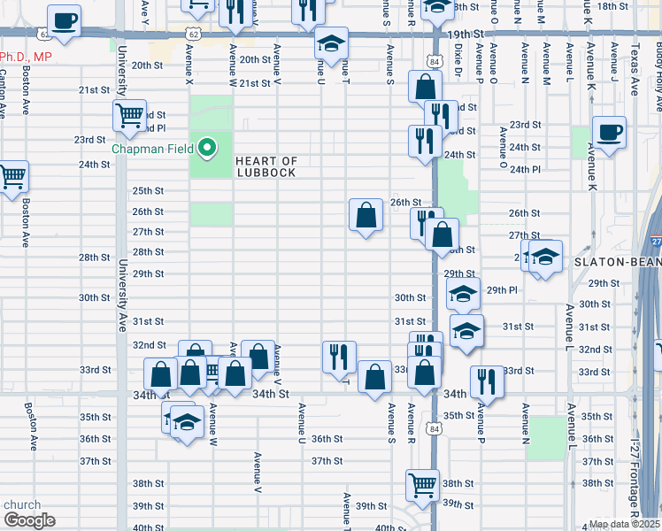 map of restaurants, bars, coffee shops, grocery stores, and more near 2008 29th Street in Lubbock