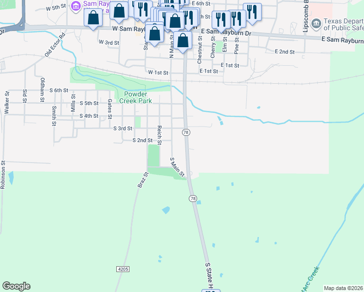 map of restaurants, bars, coffee shops, grocery stores, and more near 123 South Center Street in Bonham