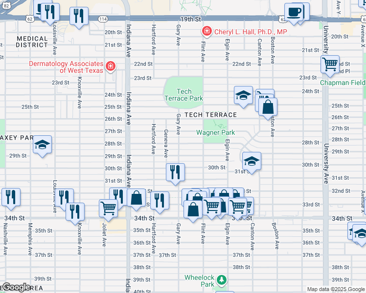 map of restaurants, bars, coffee shops, grocery stores, and more near 3117 28th Street in Lubbock