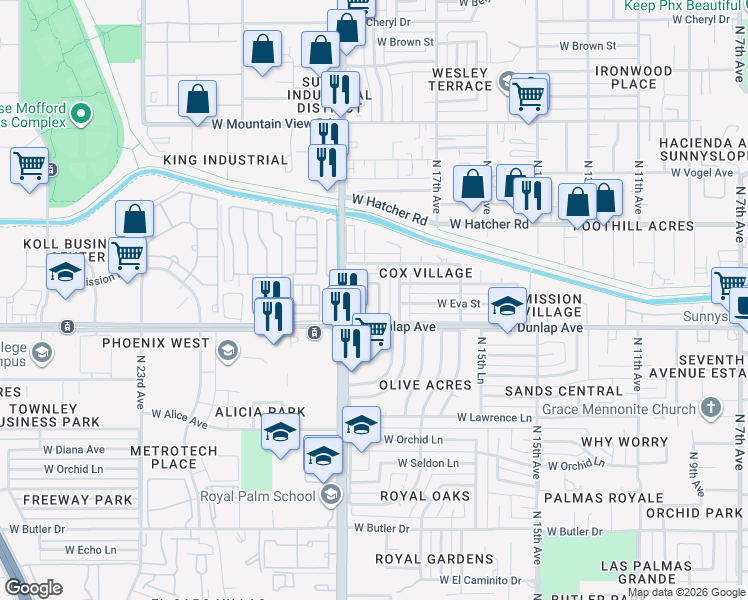 map of restaurants, bars, coffee shops, grocery stores, and more near 9021 North 18th Drive in Phoenix
