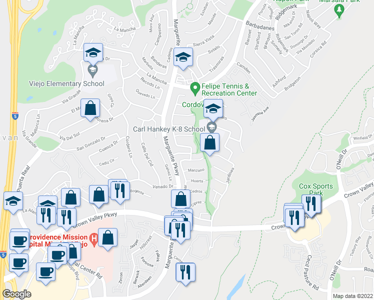 map of restaurants, bars, coffee shops, grocery stores, and more near 27141 Ayamonte in Mission Viejo