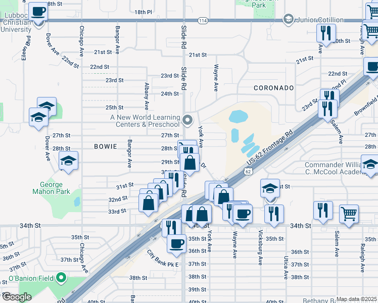 map of restaurants, bars, coffee shops, grocery stores, and more near 2803 Slide Road in Lubbock