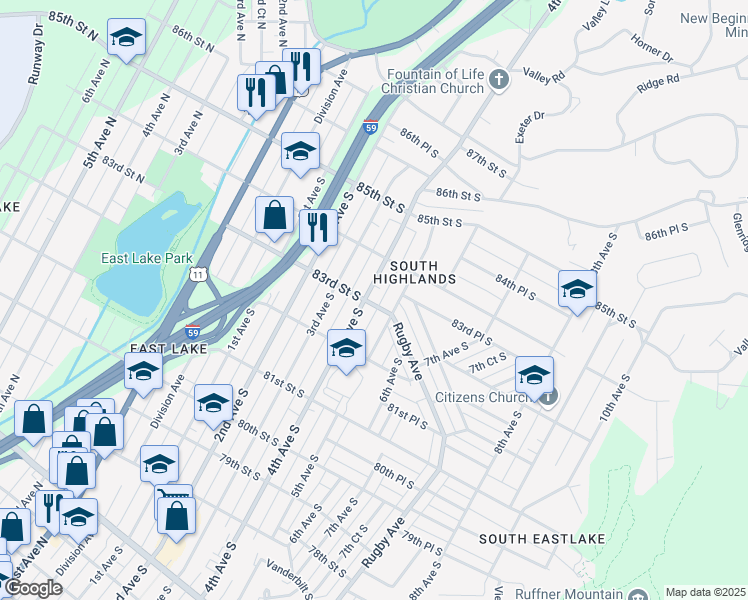 map of restaurants, bars, coffee shops, grocery stores, and more near 8301 4th Avenue South in Birmingham