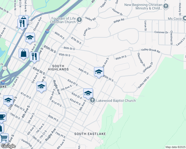 map of restaurants, bars, coffee shops, grocery stores, and more near 724 84th Place South in Birmingham