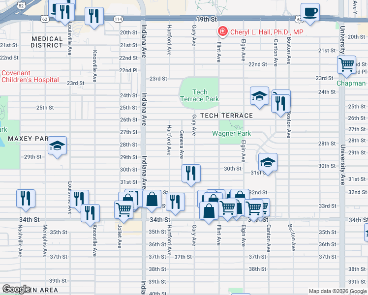 map of restaurants, bars, coffee shops, grocery stores, and more near 3207 28th Street in Lubbock