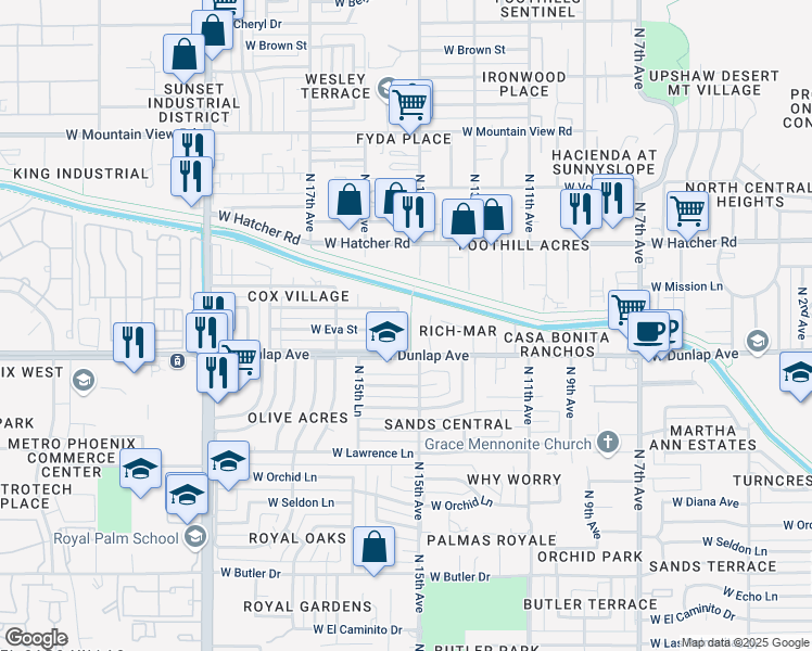 map of restaurants, bars, coffee shops, grocery stores, and more near 9021 N 15th Dr in Phoenix