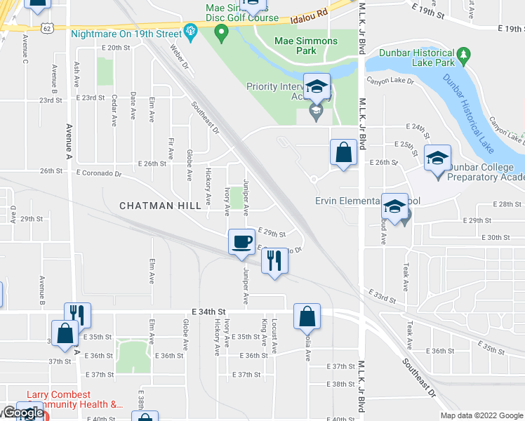 map of restaurants, bars, coffee shops, grocery stores, and more near 1042 E 28th St in Lubbock
