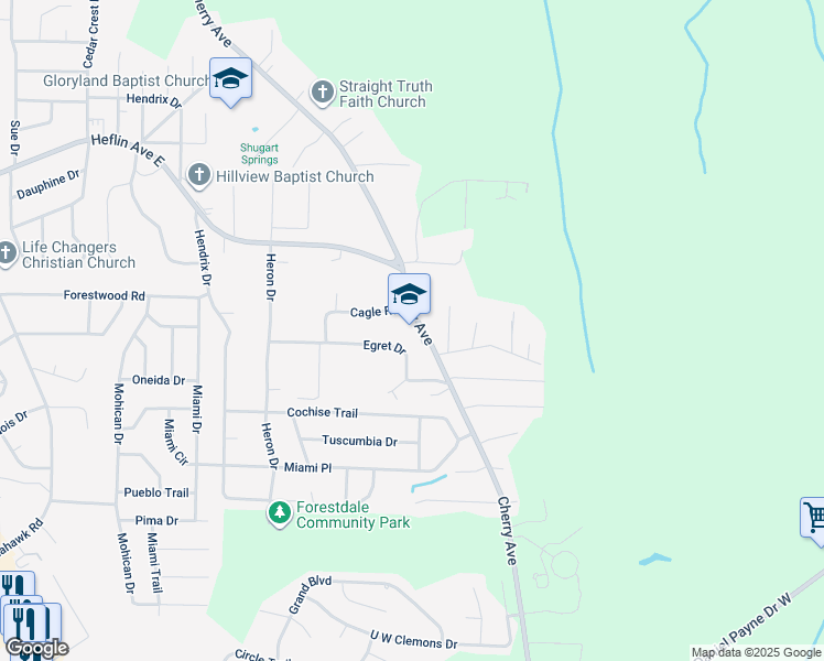 map of restaurants, bars, coffee shops, grocery stores, and more near 1520 Cherry Avenue in Forestdale