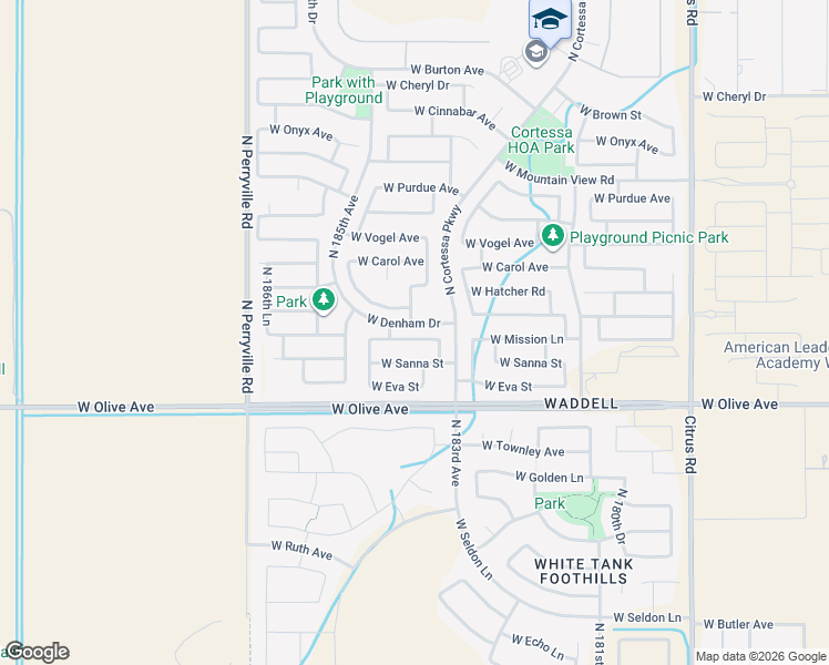 map of restaurants, bars, coffee shops, grocery stores, and more near 18368 West Mission Lane in Waddell