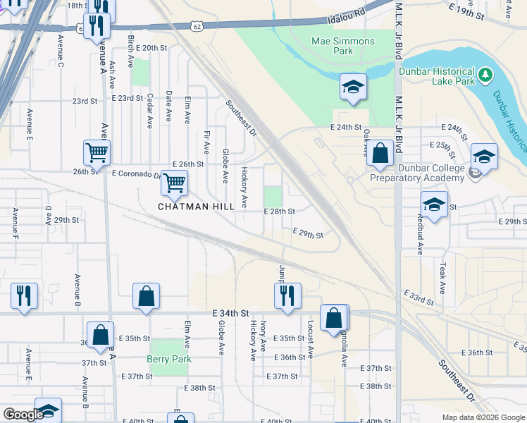 map of restaurants, bars, coffee shops, grocery stores, and more near 898 E 28th St in Lubbock