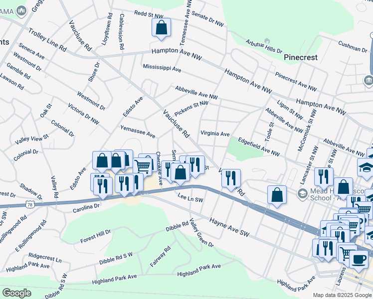 map of restaurants, bars, coffee shops, grocery stores, and more near 3000 Mohawk Drive in Aiken