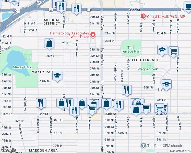 map of restaurants, bars, coffee shops, grocery stores, and more near 3411 28th Street in Lubbock