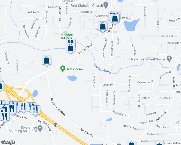 map of restaurants, bars, coffee shops, grocery stores, and more near 6828 Maddox Road in Morrow