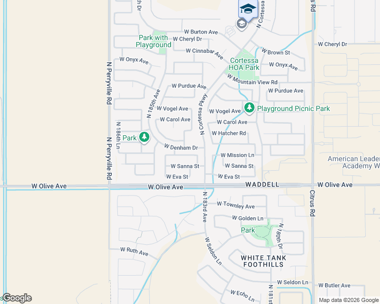 map of restaurants, bars, coffee shops, grocery stores, and more near 18368 West Mission Lane in Waddell