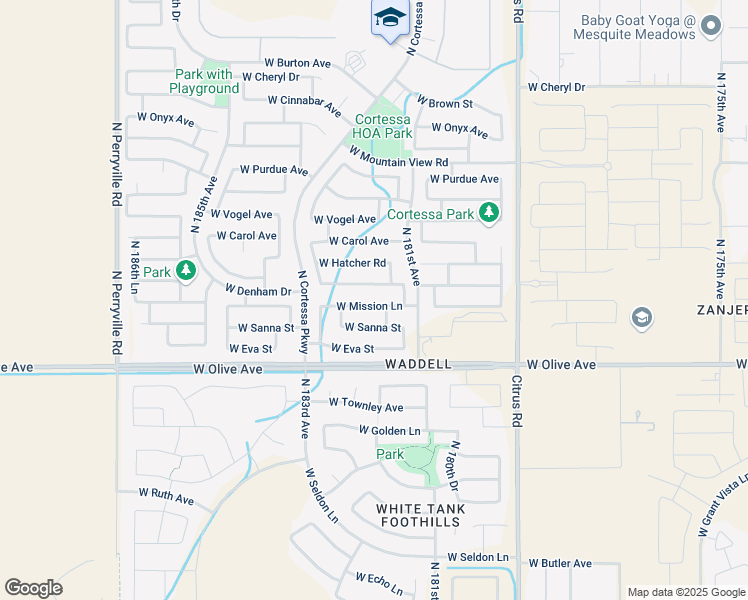 map of restaurants, bars, coffee shops, grocery stores, and more near 18164 West Mission Lane in Waddell
