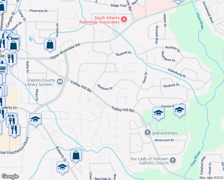 map of restaurants, bars, coffee shops, grocery stores, and more near 630 Roxbury Drive in Riverdale