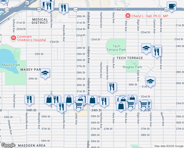 map of restaurants, bars, coffee shops, grocery stores, and more near 3315 28th Street in Lubbock