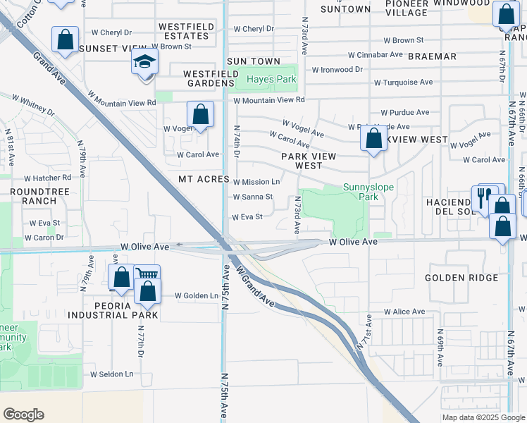 map of restaurants, bars, coffee shops, grocery stores, and more near 7372 West Eva Street in Peoria