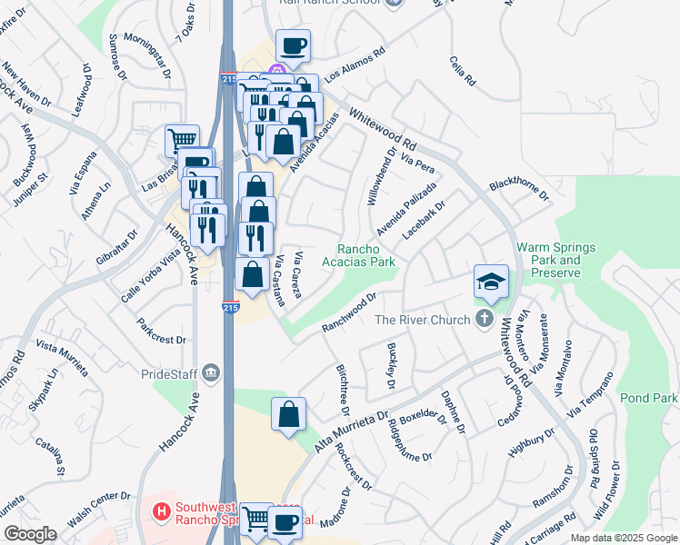 map of restaurants, bars, coffee shops, grocery stores, and more near 39750 Avenida Miguel Oeste in Murrieta