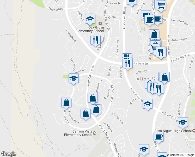 map of restaurants, bars, coffee shops, grocery stores, and more near 1 Rex Court in Aliso Viejo