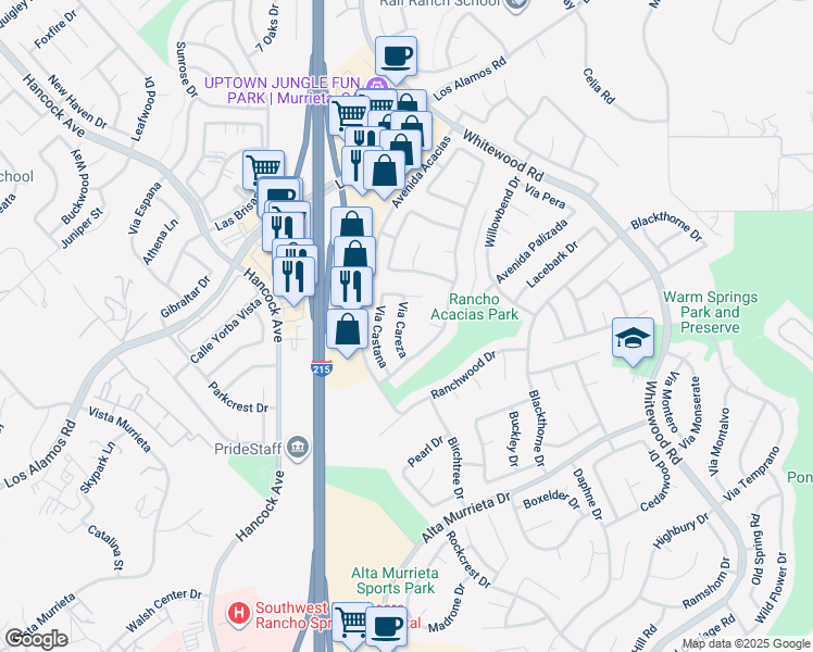 map of restaurants, bars, coffee shops, grocery stores, and more near 39814 Via Careza in Murrieta