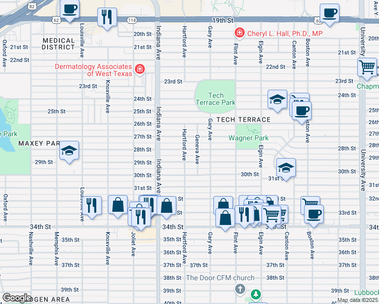 map of restaurants, bars, coffee shops, grocery stores, and more near 3213 28th Street in Lubbock