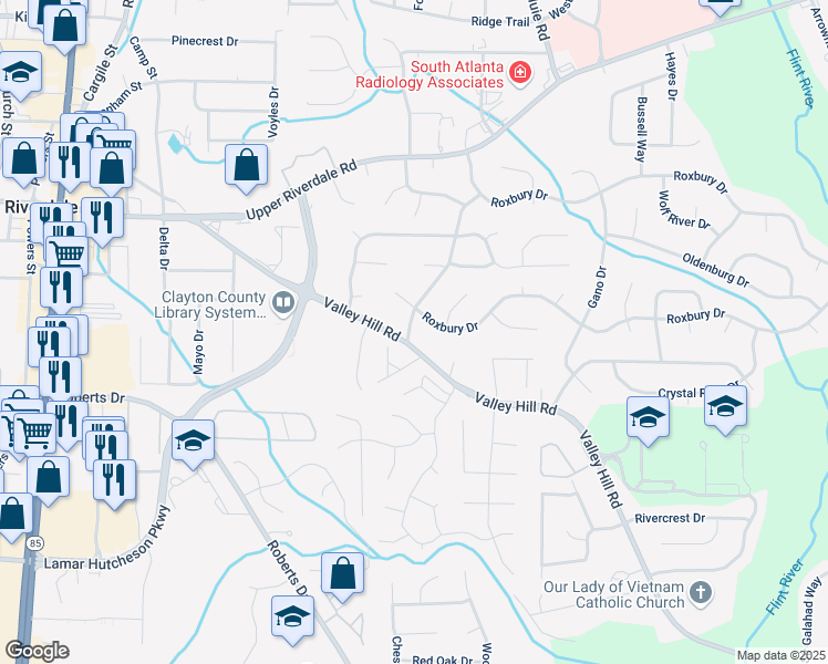 map of restaurants, bars, coffee shops, grocery stores, and more near 6802 Westfield Drive in Riverdale