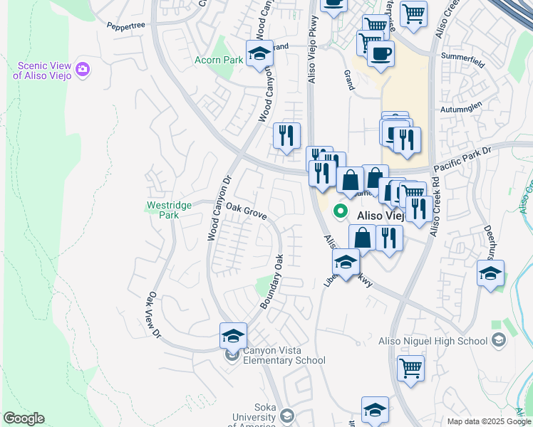 map of restaurants, bars, coffee shops, grocery stores, and more near 35 Beech Drive in Aliso Viejo